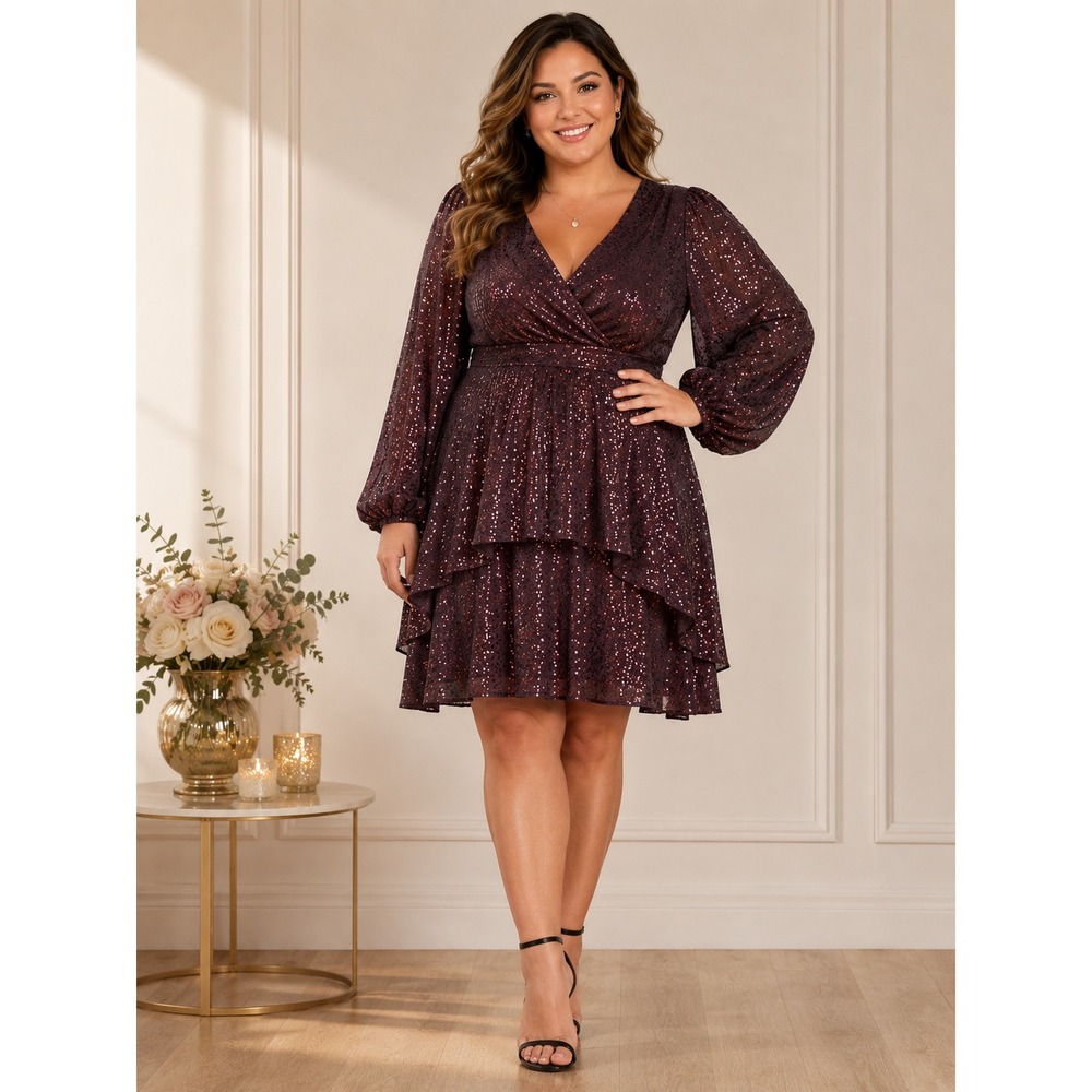 City Chic Burgundy Sequin Tiered Dress Size‎ 16 Plus Cocktail Party Formal
